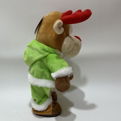 Christmas Musical Swinging Reindeer Plush Toy Head Shaking Wobbling Mechanism Green Elf Outfit Red-Nosed Reindeer